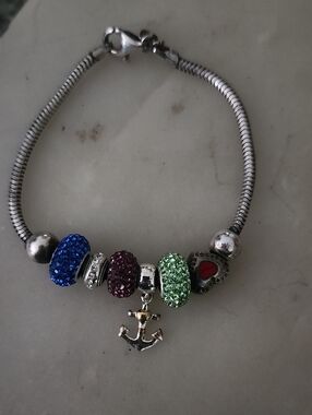 Sterling Silver Anchor Charm Bracelet with Blue, Purple & Green Crystal Beads